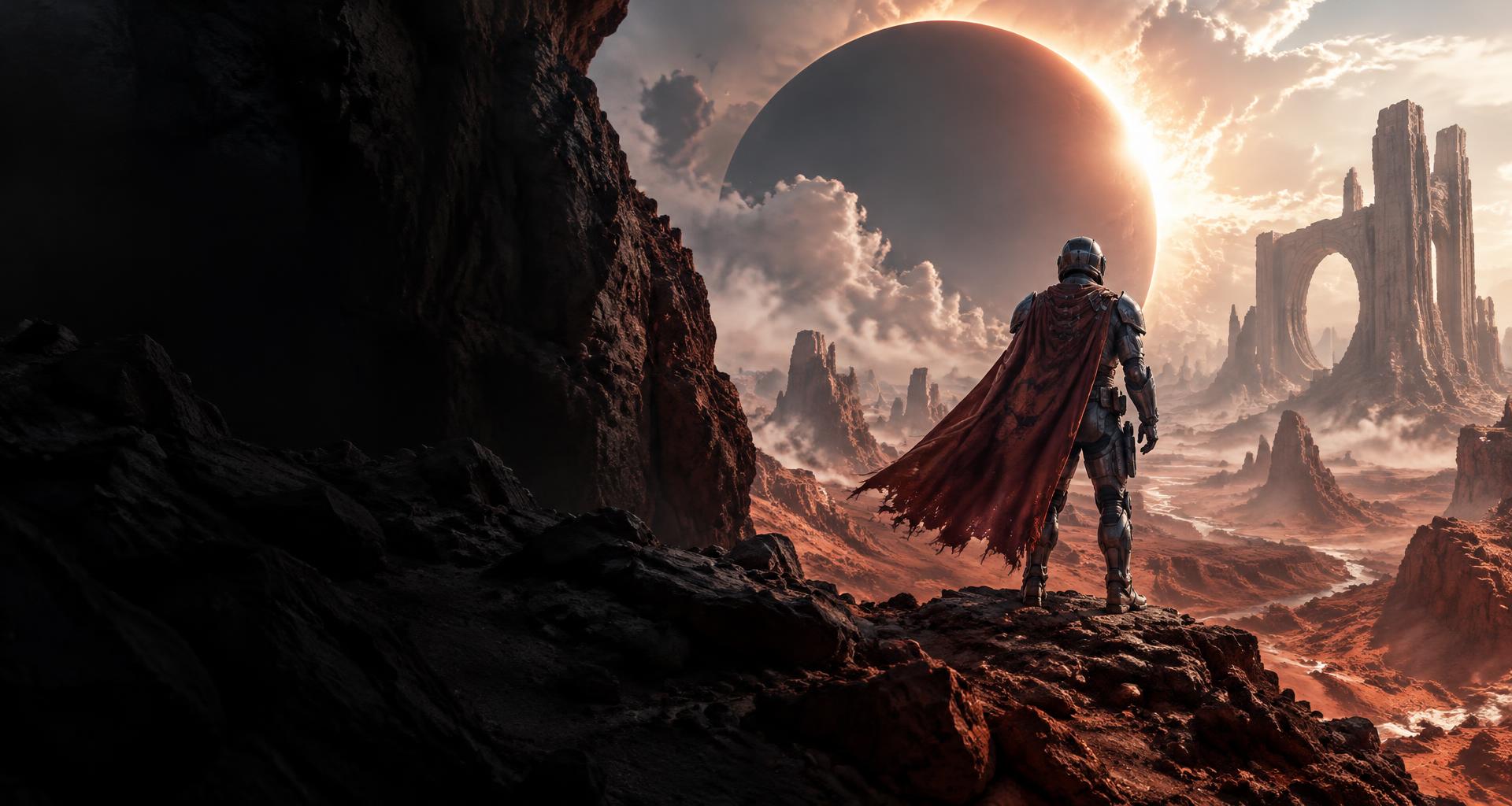 An armored explorer beneath an eclipse in an alien world